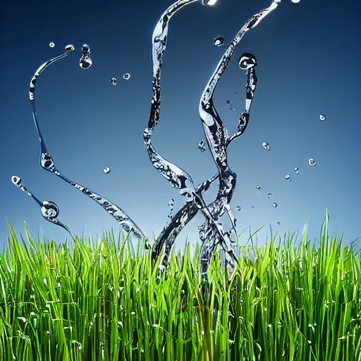 Prompt: cgi liquid drop falling fast metal abstract sculpture mercuryliquid in grass
