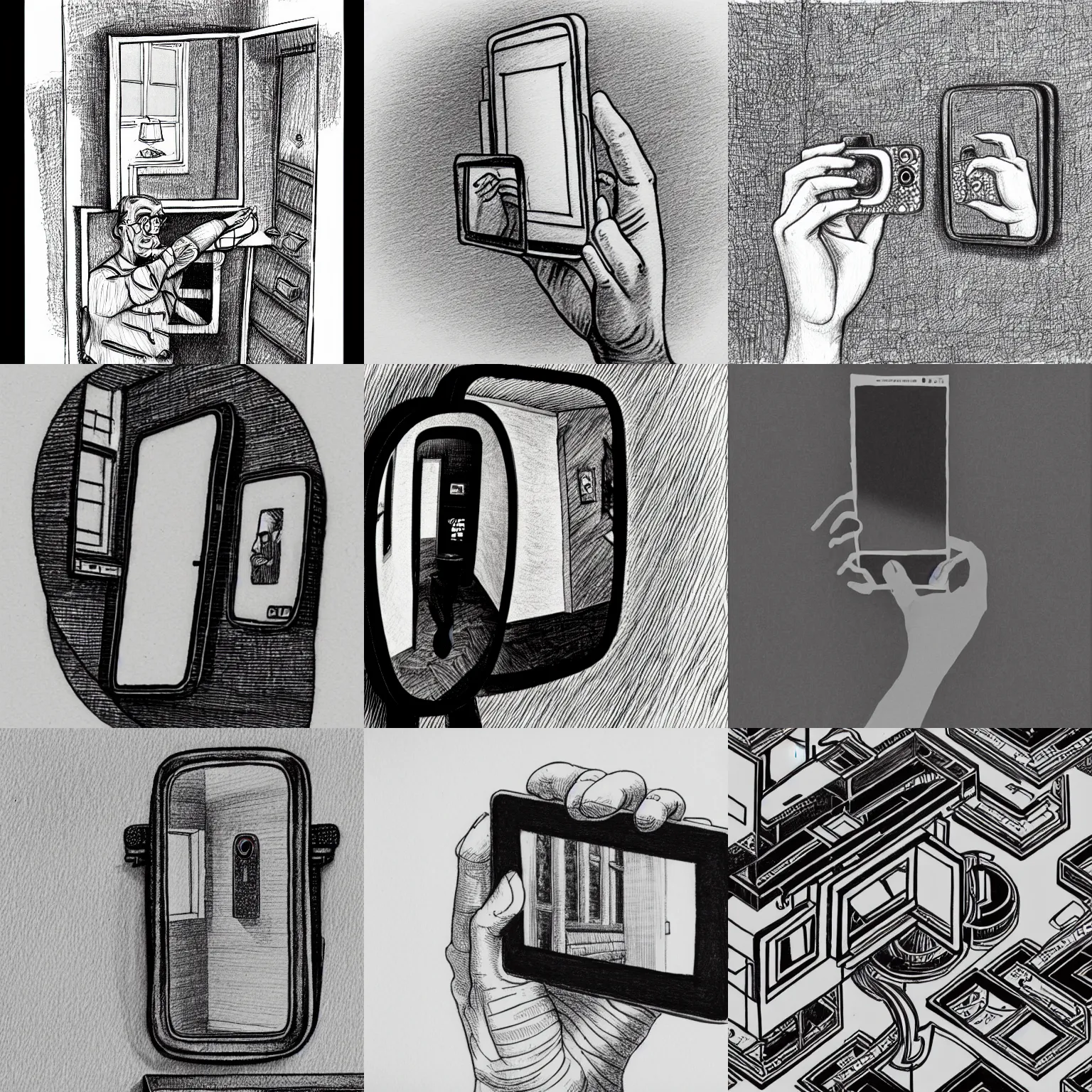 Prompt: a smart phone taking a picture of itself in a mirror, infinite recursion, ink drawing, in the style of m. c. escher