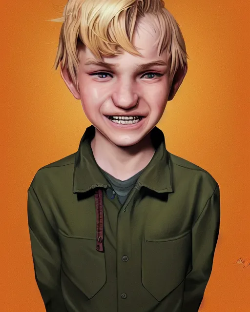 Image similar to portrait of 1 5 - year - old boy with blonde hair, round - face, smile with and slightly buck - toothed, hyper realistic face, beautiful eyes, character art, art by artgerm lau and wlop and and ilya kuvshinov and john singer sargent, hyperdetailed, symmetrical, cryengine, trending on artstation, digital art