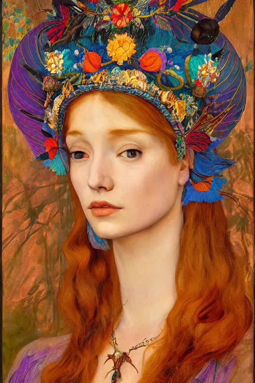 Image similar to queen of summer, by Annie Swynnerton, and Nicholas Roerich and Tino Rodriguez , elaborate headdress and embroidered velvet, iridescent beetles, rich color, dramatic cinematic lighting, extremely detailed, featured on artstation