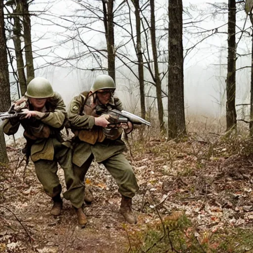 Image similar to ww 2 battlefield encounter in the woods between 2 american soldiers and a german soldier