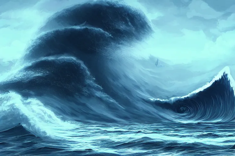 Prompt: a giant tsunami wave with cat size ship, digital painting, epic composition, highly detailed, 8 k