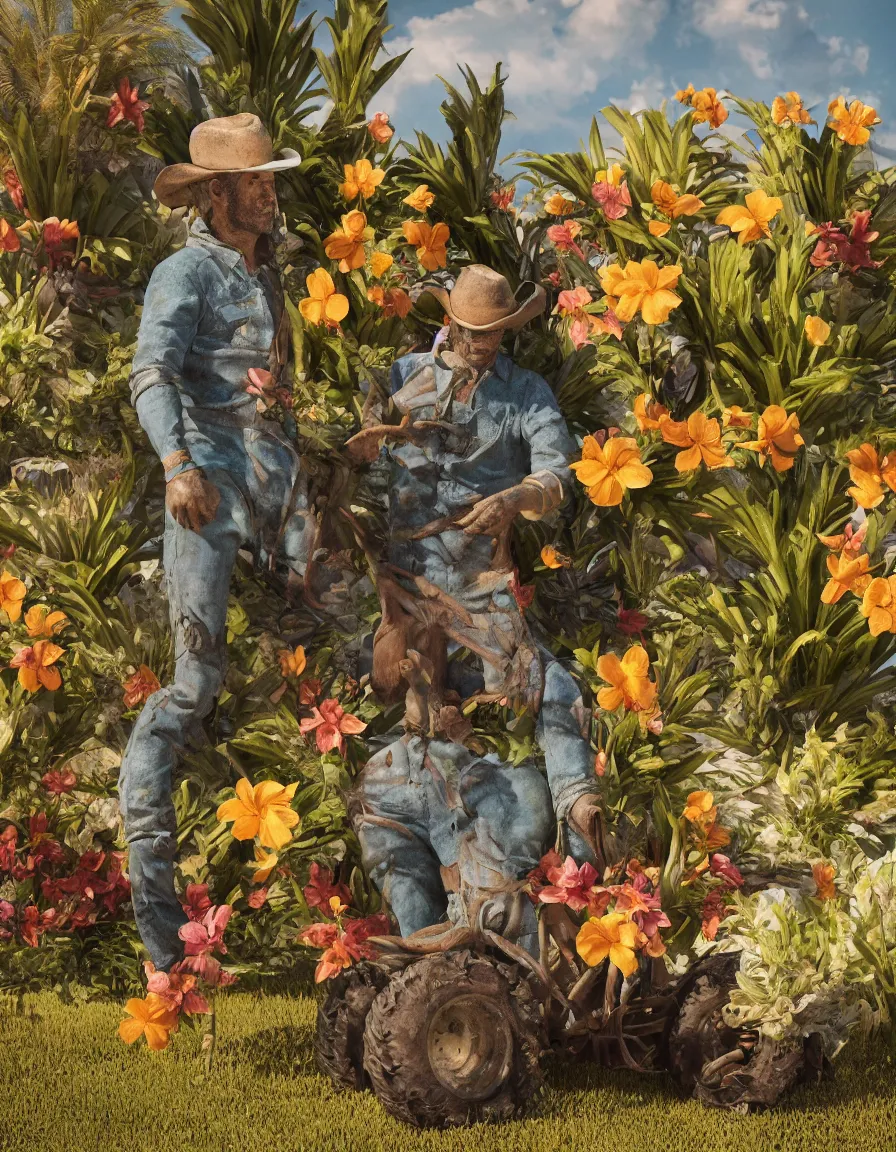 Prompt: a cowboy turning into blooms. tropical sea slugs, tractor tires. complementary colors. national geographic. 8 k, rendered in octane, smooth gradients. sculpture by antonio canova