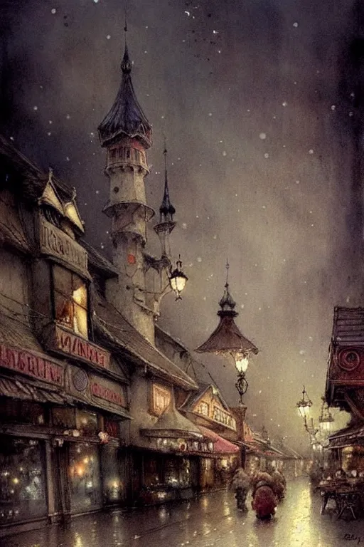 Image similar to (((((1950s fairy tale city at night . muted colors.))))) by Jean-Baptiste Monge !!!!!!!!!!!!!!!!!!!!!!!!!!!