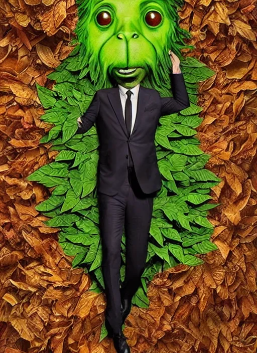 Image similar to highly detailed comedy caper movie poster with silly wacky zany keanu reeves as a sentient pile of leaves, keanu reeves green face as a sentient leafy bush by greg rutkowski, masterpiece, really funny, 1 0 / 1 0 comedy