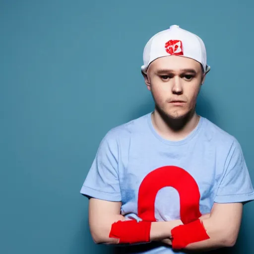 Prompt: a full body shot of an average white, short young - adult man with blue colored hair, wearing a red backwards cap, white t - shirt with a red no symbol on it, blue long pants and red shoes, holding a microphone, studio lighting, photoshoot, grey background