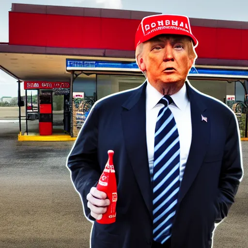 Image similar to cinematic shot of Donald Trump wearing a bucket hat and a rain jacket and shorts holding a can of Arizona Tea and standing outside of a gas station, 8k, very intricate, very detailed,