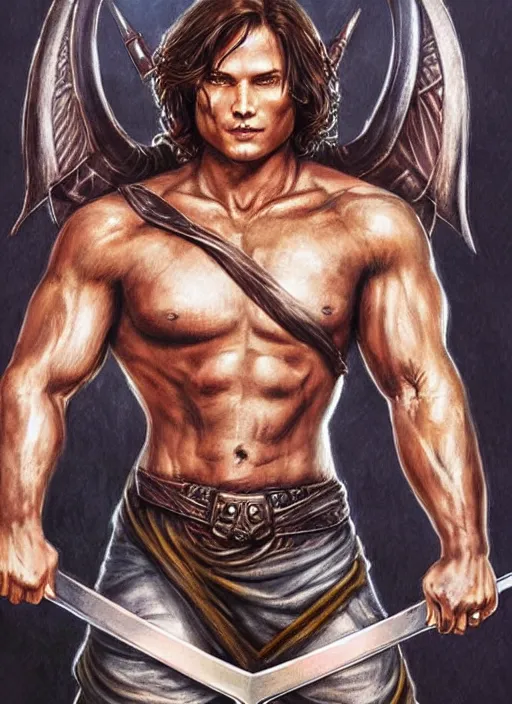 Image similar to front portrait of attractive Sam Winchester as a muscular warrior holding swords ⚔️ demon wings wide open, teared apart T-Shirt whole body tattooed with runes and satanic symbols, D&D!, fantasy style, sharp focus!, ultra detailed, art by Artgerm and Peter Andrew Jones, WLUP