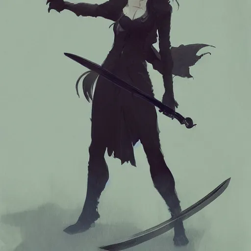 Image similar to female human vampire witch holding a sword, in the style of greg rutkowski, makoto shinkai, trending on artstation, character design, concept art, pretty face, forward facing, highly detailed, digital art, seed : 1 9 2 6 2 5 9 4 0 7