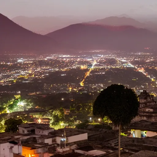 Prompt: a cyberpunk antigua guatemala at night from the distance