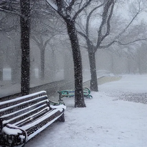 Prompt: a park bench under falling snowflakes, trending on artstation