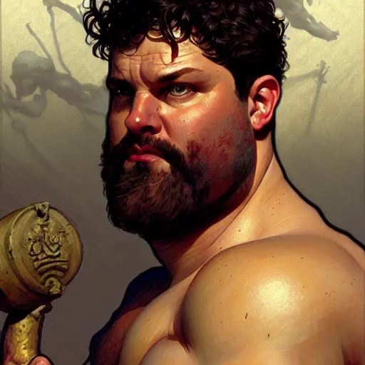 Image similar to Chunky Ethan Van Sciver as a Greek god, bald head, grey beard, gorgeous, amazing, muscular, fat, intricate, highly detailed, digital painting, artstation, concept art, sharp focus, illustration, art by greg rutkowski and alphonse mucha