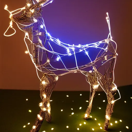 Image similar to Hyperrealistic rendering of a tall fantasy Reindeer sculpture made of wire and Christmas lights, 4k, sigma 35mm