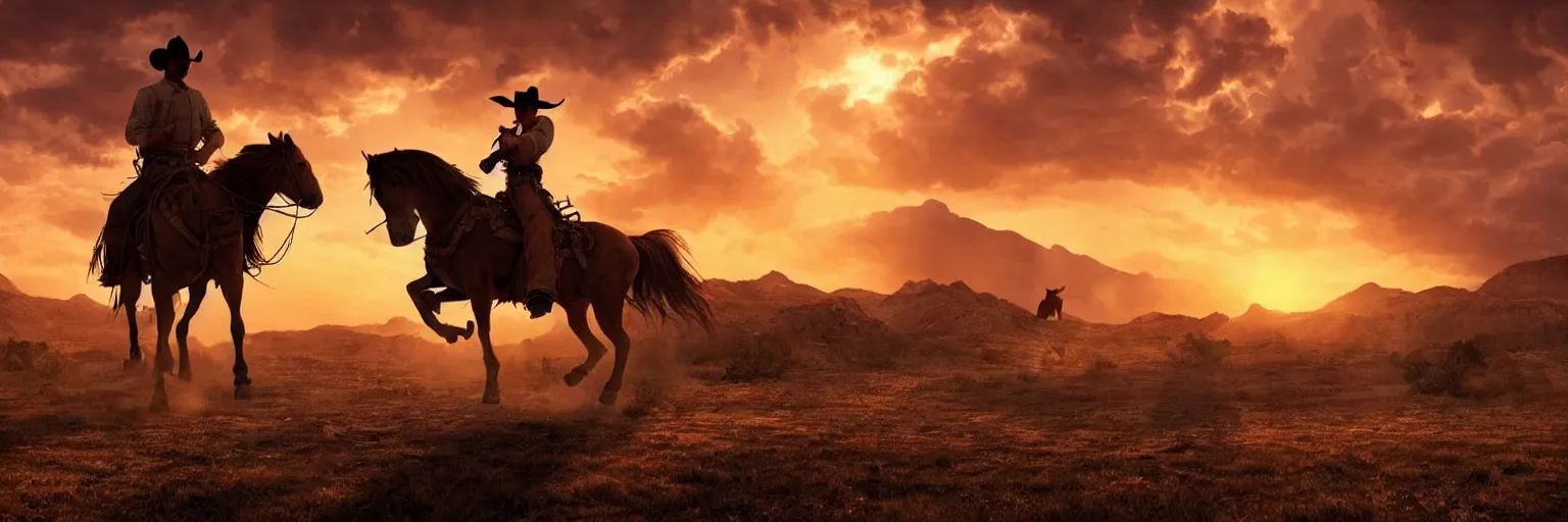 Prompt: a cowboy riding a horse and shooting a gun into the air, wild west background, sunset. digital art. amazing quality. perfect lighting. Professional design. Great composition. Mind blowing detail. award winning art. impressive colors. trending on artstation.