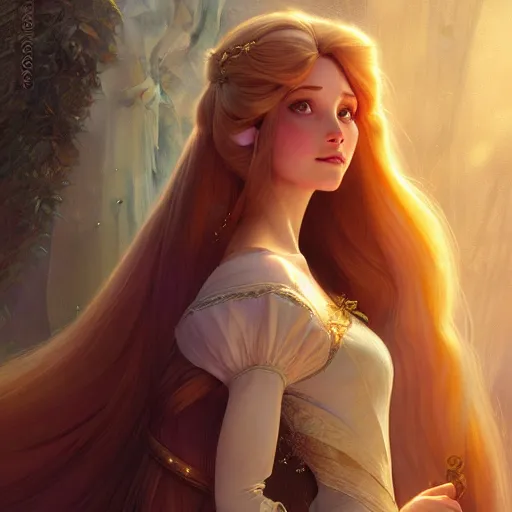 Image similar to princess rapunzel, D&D, fantasy, intricate, elegant, highly detailed, digital painting, artstation, concept art, matte, sharp focus, illustration, art by Artgerm and Greg Rutkowski and Alphonse Mucha