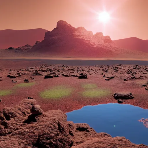 Image similar to photo of life on mars, thriving ecosystem, bright fauna, volumetric light, ponds, mountains, high detail, mountains, geoformations, sunlight