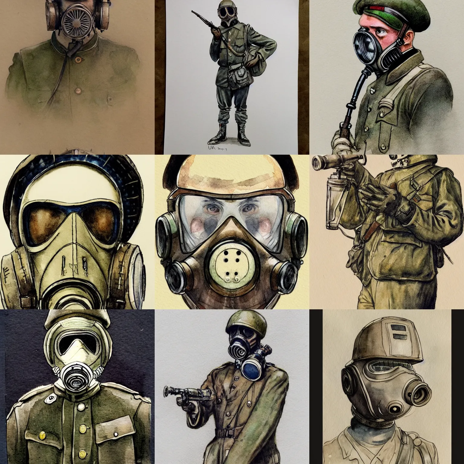 Prompt: beautiful aesthetic inspirational masterful professional ink pen and watercolor sketch of a 1 9 1 0 s soldier in gas mask, ultra detailed, fine details, trending on artstation, high quality paper