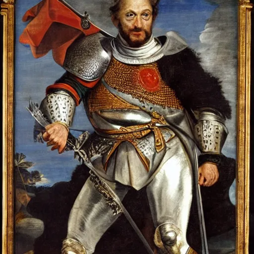 Image similar to donald trump, wearing knight ’ s armor, holding a spectacular broadsword, by annibale carracci, two arms, two legs, donald trump, symmetrical face, highly detailed face, perfect face