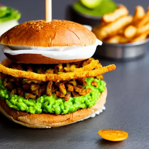 Prompt: vegan hamburger with guacamole topping crispy fried onion topping and fried egg topping, crispy buns, side view, 3 toppings, 8 k resolution, studio lighting, sharp focus, hyper - detailed