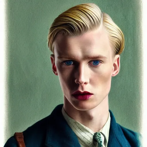 Prompt: A color pencil drawing portrait of a blond young Irish man with high cheekbones. Good bone structure. Dressed in 1940s style. Highly detailed, fine Art, high detail, great lighting, 8k resolution, masterpiece, concept art, illustration, clear eyes, painting oil on canvas, octane render, HDR, trending on artstation, 4k, 8k, HD