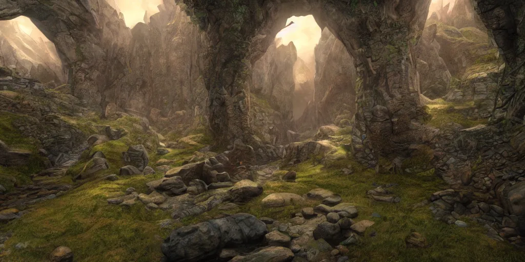 Image similar to VR gameplay screenshot of someone within J.R.R. Tolkien's Middle-Earth. Beautiful. Trending on Artstation. Lighting, colors, and shading by James Gurney.