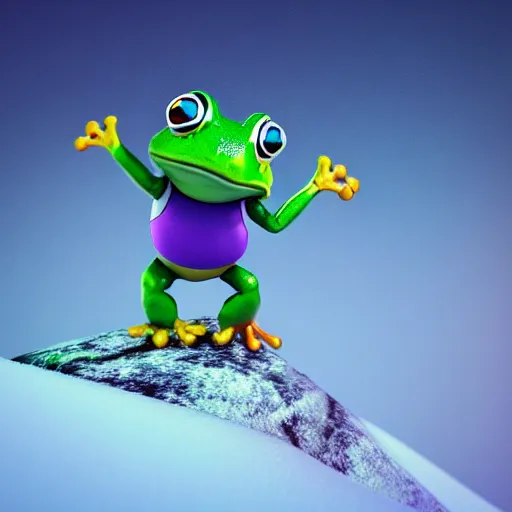 Image similar to 3 d octane render chibi frog character skiing down a mountain, pixar style