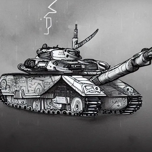 Image similar to daoist battle tank painted in white and black yin - yag symbol blasting away at dystopia, cosmos backdrop, detailed pencil drawing escher style xenopunk alien aesthetics