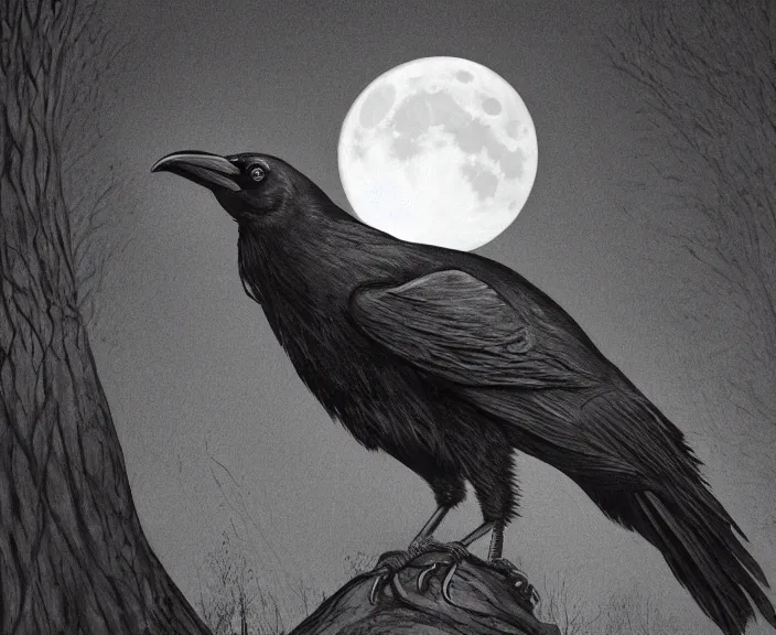 Image similar to a hyper-detailed close-up portrait of a crow on a tree in front of the full big moon; an extraordinary masterpiece; flawless; proud posture; photorealistic eyes; trending on artstation; f/1.4; 90mm