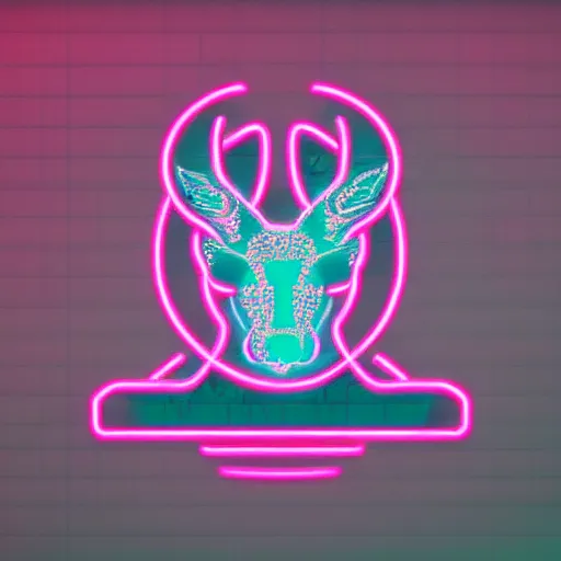 Prompt: logo for corporation that involves deer head, symmetrical, retro pink synthwave style, retro sci fi, neon