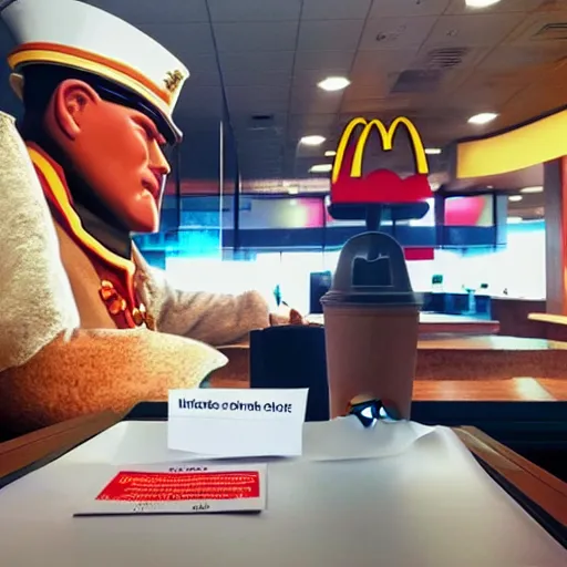 Prompt: a photo of napoleon ordering at mcdonalds, hyper-realistic, true to reality, 8k HDR, taken by an Iphone.