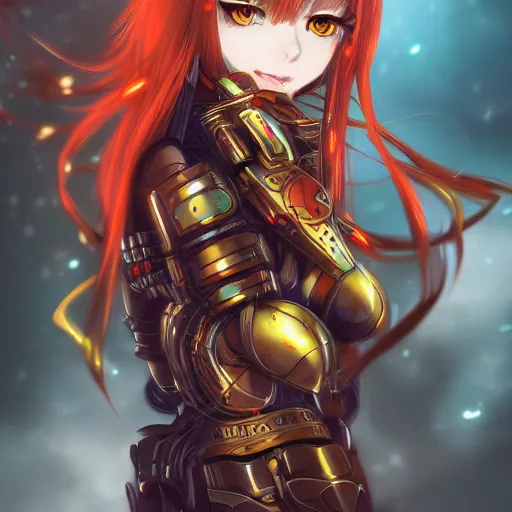 Image similar to cute red armored cyborg - anime girl, long gold hair, yellow eyes, digitally painted by ross draws, extreme high intricate details by wlop, digital anime art, black shadows, stylized shading