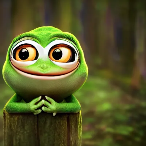 Image similar to very very very very cute chibi Pepe, portrait, pixar style, forest background, cinematic lighting, award winning creature portrait photography