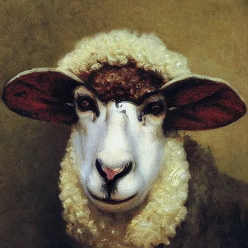 Image similar to closeup portrait of a sheep wearing a monocle, by ilya repin