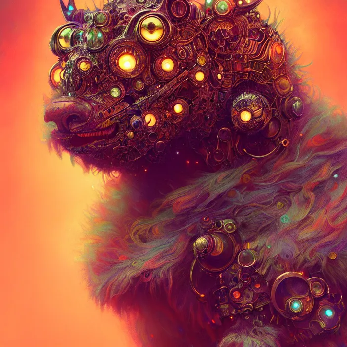 Image similar to psychedelic fluffy hairy animal cyborg, diffuse lighting, fantasy, intricate, elegant, highly detailed, lifelike, photorealistic, digital painting, artstation, illustration, concept art, smooth, sharp focus, art by John Collier and Albert Aublet and Krenz Cushart and Artem Demura and Alphonse Mucha