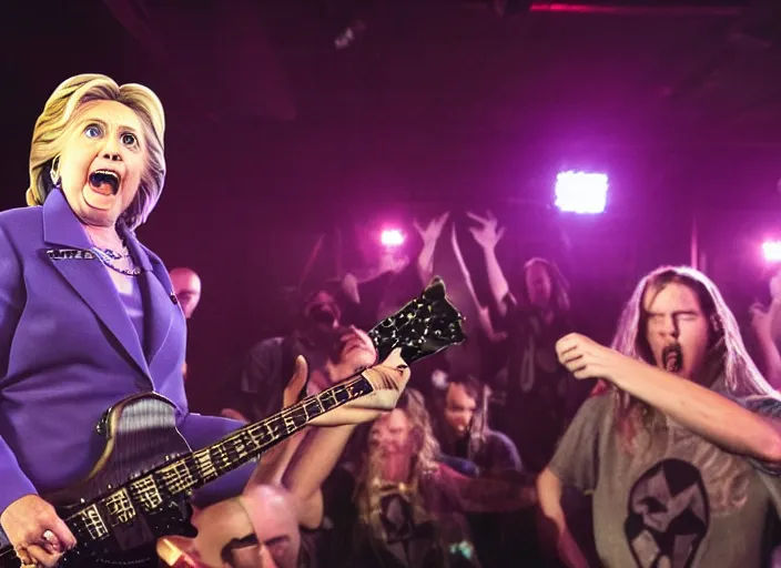 Image similar to publicity photo still of hillary clinton in a death metal band playing live on stage, 8 k, live concert lighting, mid shot