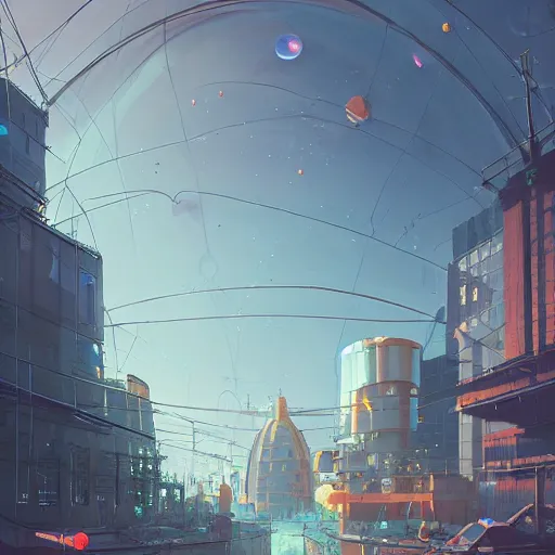 Image similar to A city trapped in a giant transparent dome, bubbles, science fiction, smooth, cinematic lighting, insanely detailed, artstation, cgsociety, painted by Simon Stalenhag, concept art, illustration, sharp focus,