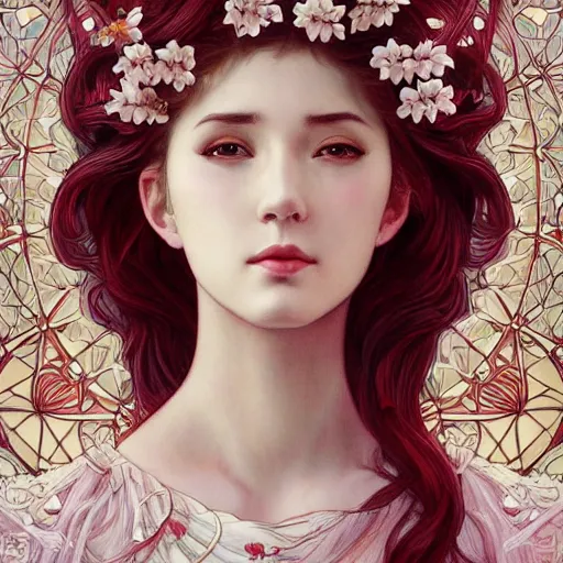 Image similar to a photograpic portrait of a anthropomorphic cherry - blossom wearing white clothes, fantasy, intricate, elegant, highly detailed, digital painting, artstation, concept art, smooth, sharp focus, illustration, art by artgerm and h r giger and alphonse mucha