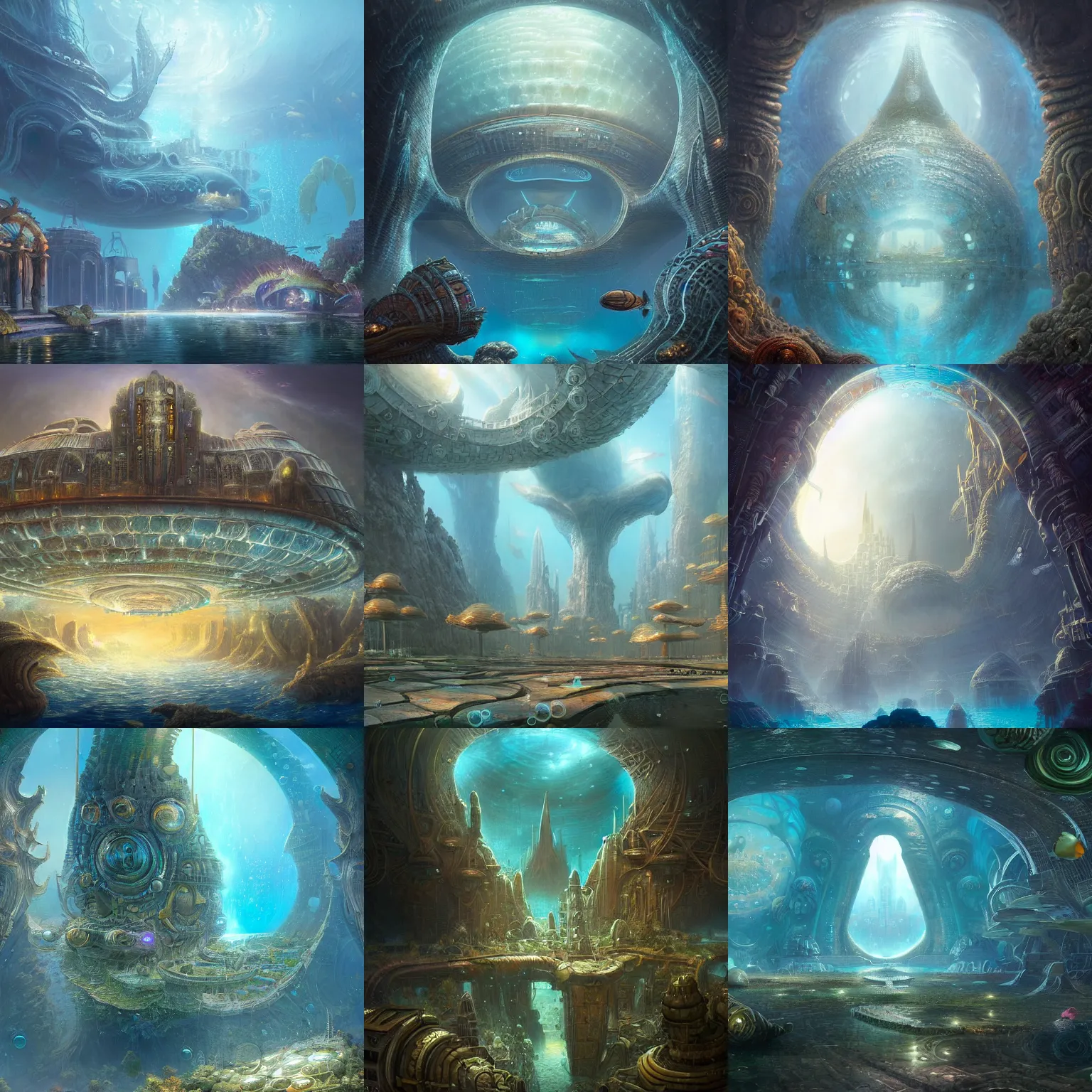 Prompt: a giant atlantis alien city in bubbles, underwater, ultra detailed, by tomasz alen kopera and peter mohrbacher, and michel - ange, artstation 8 k