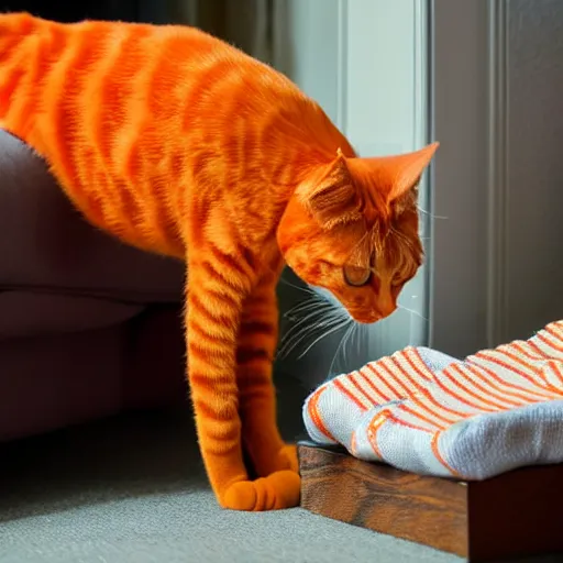 Prompt: an orange cat staring at a drawer ~ filled with socks on fire ~ high - resolution photo ~