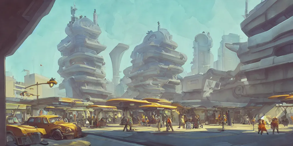 Image similar to overwatch building, stylized, exterior, architecture, in watercolor gouache detailed paintings, insanely detail, artstation, 8 k, futuristic, big medium small, arcane, simon stalenhag, food stall, interesting shapes & form, golden ratio, megastructures, vitaly bulgarov, mall, slums