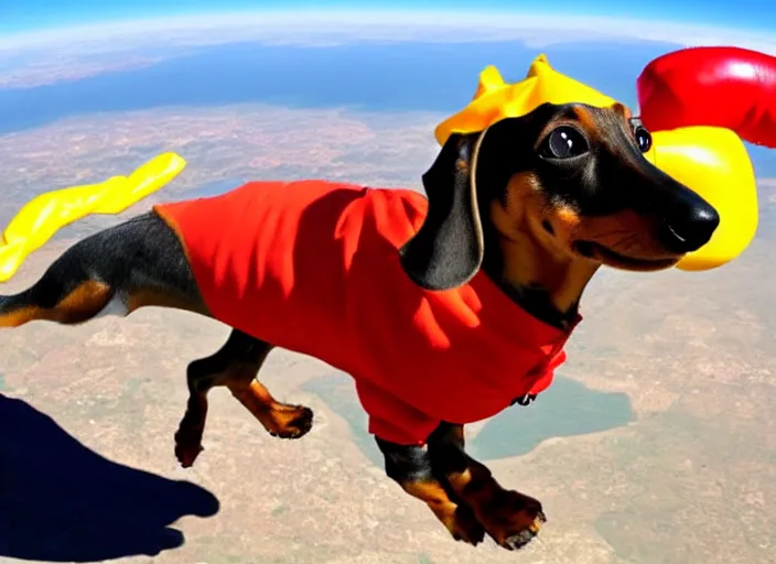 Image similar to Dachshund skydiving while dressed in a hotdog costume