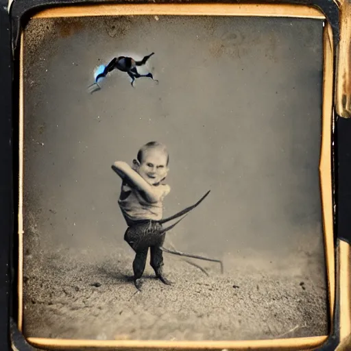 Image similar to tintype photo, boy rides a ant, underwater, jellyfish