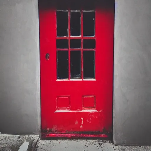 Prompt: a red door floating in a black void,