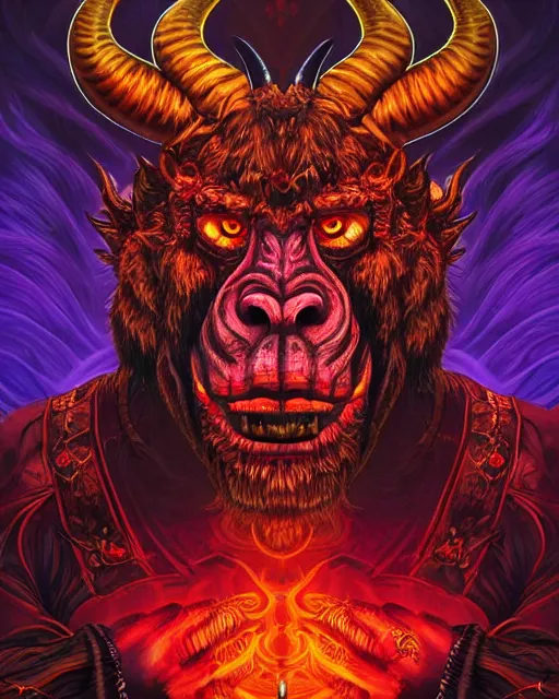 Image similar to barong family member, horns, very muscular, eyes in red fire, red smoke with purple lightning background, wiwek, mara demon, one single tribe member, jungle, one single mask, dark, ancient warrior, gorilla, lizard, inner glow, art by dan mumford and justin gerard