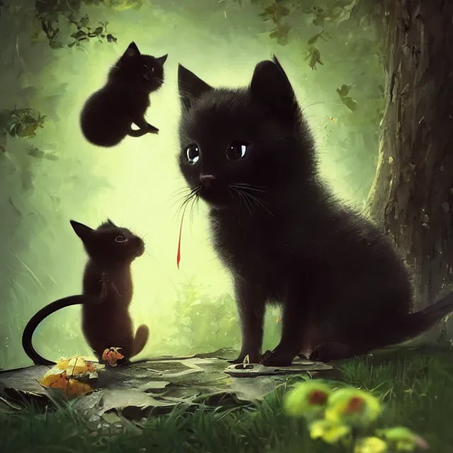 Image similar to a beautiful painting of a cute black kitten catching a mouse in a forest. disney character design by cory loftis, fenghua zhong, ryohei hase, ismail inceoglu and ruan jia. artstation, volumetric light, detailed, photorealistic, rendered in octane