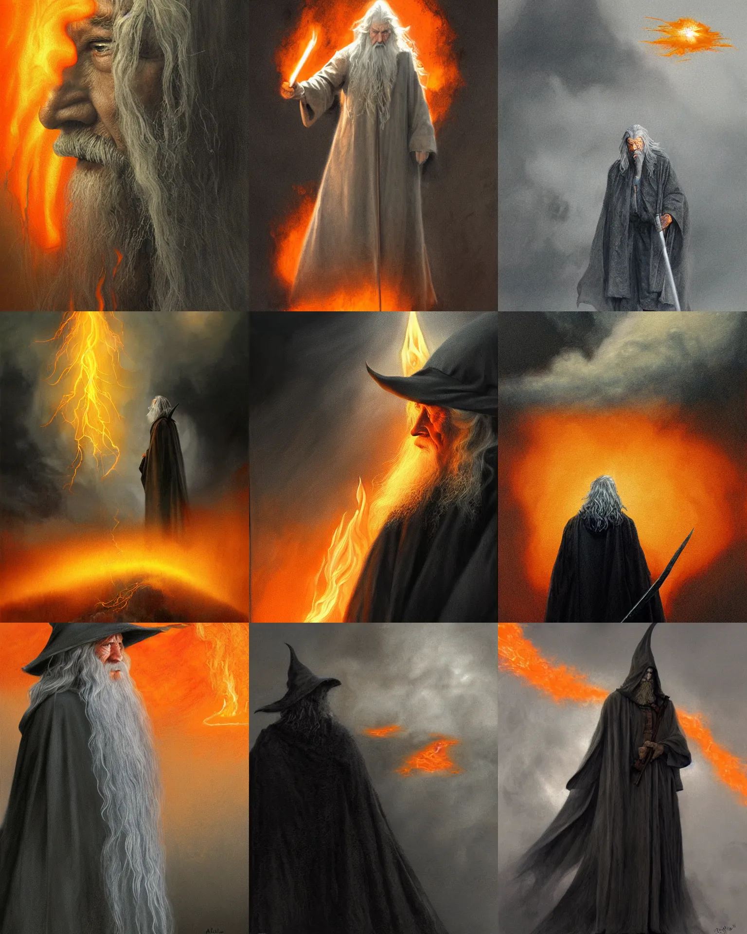 Prompt: gandalf shrouded in shadows, surrounded by billowing pitch black clouds of smoke and blinding orange flame, by alan lee, intricate, detailed, digital painting, artstation