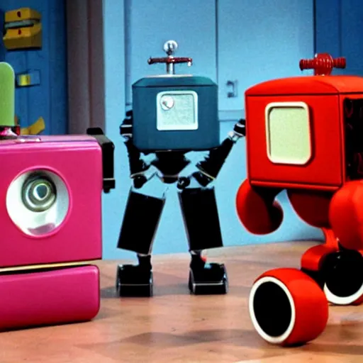 Prompt: robots reenacting classic episodes of the eighties sitcom Saved By The Bell but with robots instead