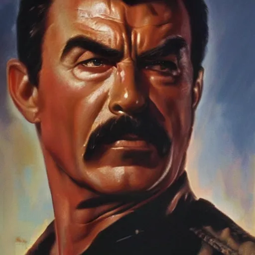 Image similar to ultra realistic portrait painting of tom selleck as the terminator, art by frank frazetta, 4 k, ultra realistic, highly detailed, epic lighting