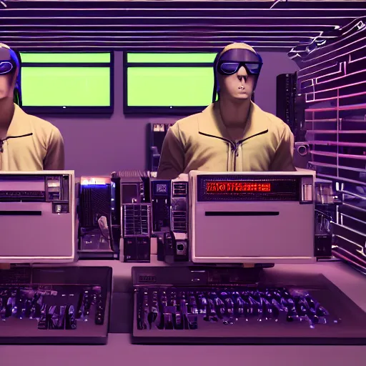 Image similar to twin brothers hacking into the mainframe of the matrix or whatever, in the style of jamie hewlett and riyoko ikeda, realistic af, octane render