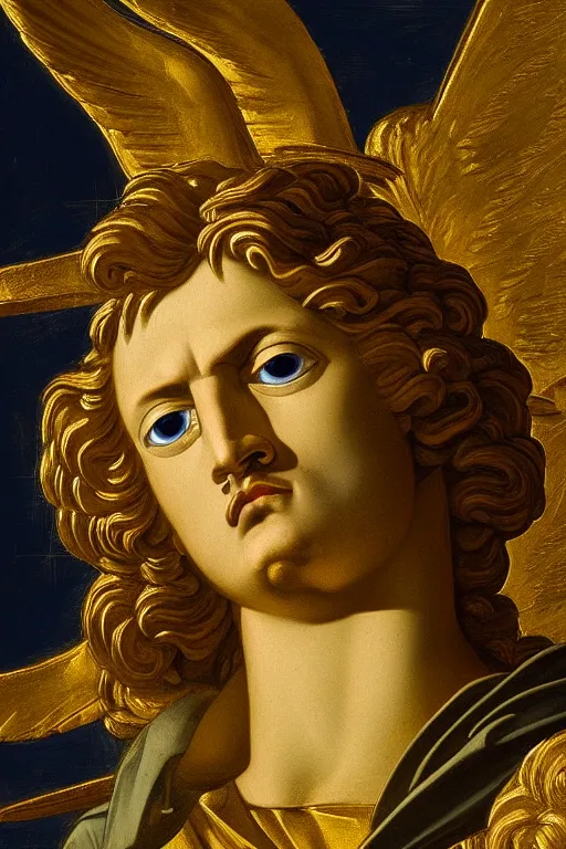 Image similar to archangel Michael, angry face, closeup, ultra detailed, made in gold, Guido Reni style